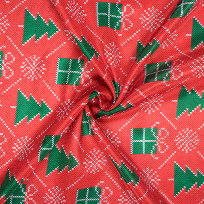 Red And Green Christmas Pattern Digital Print Crepe Silk Fabric - Fabcurate