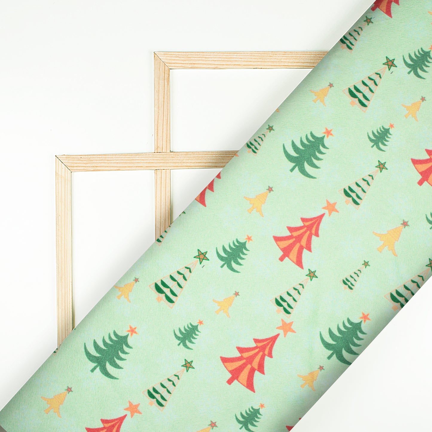 Pitachio Green And Red Christmas Pattern Digital Print Crepe Silk Fabric - Fabcurate