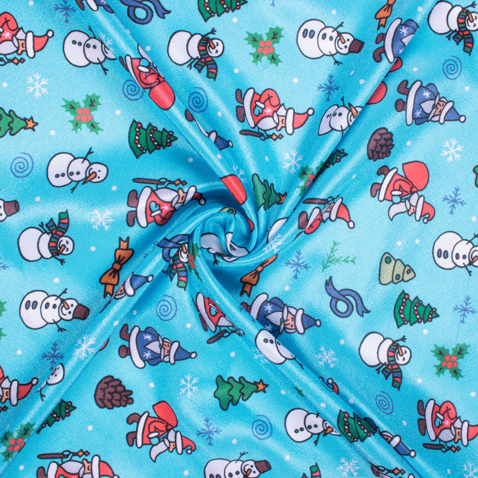 Sky Blue And White Christmas Pattern Digital Print Crepe Silk Fabric - Fabcurate