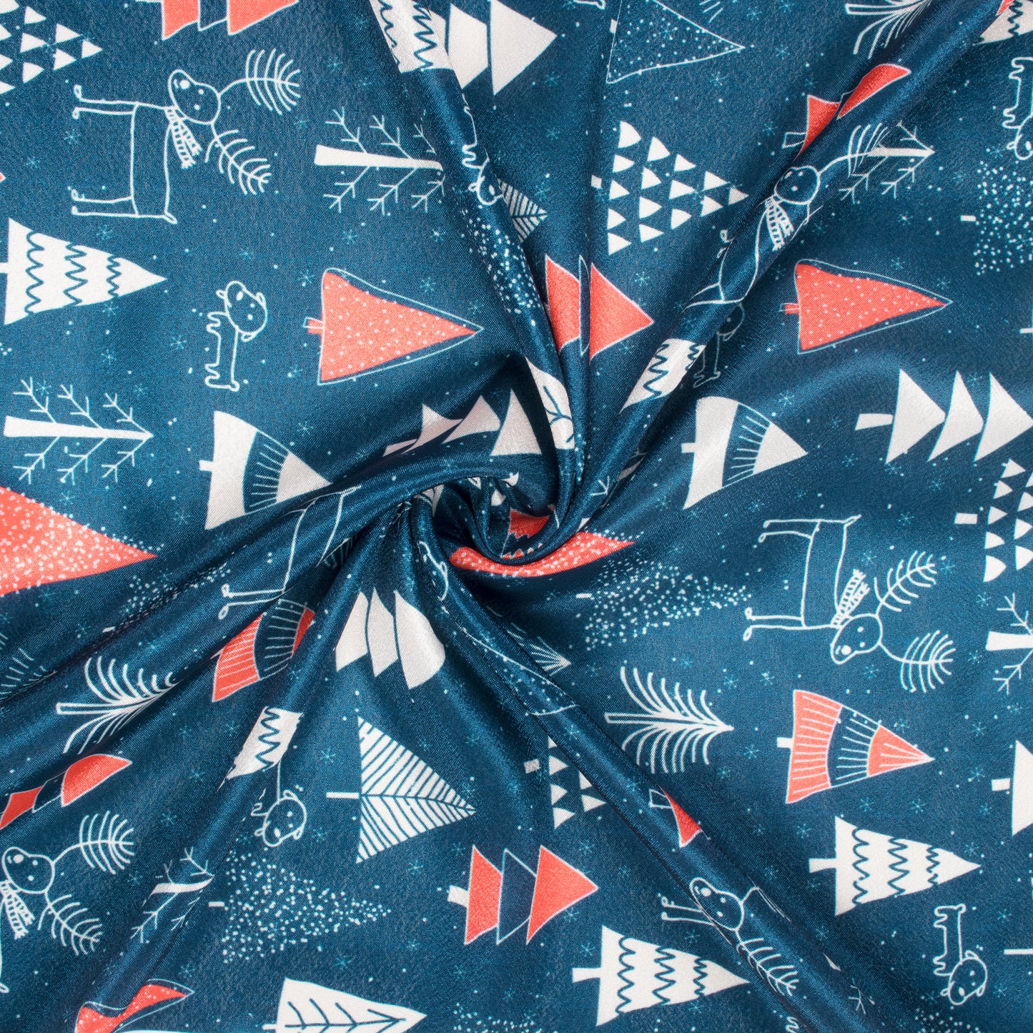 Prussian Blue And Off White Christmas Pattern Digital Print Crepe Silk Fabric - Fabcurate