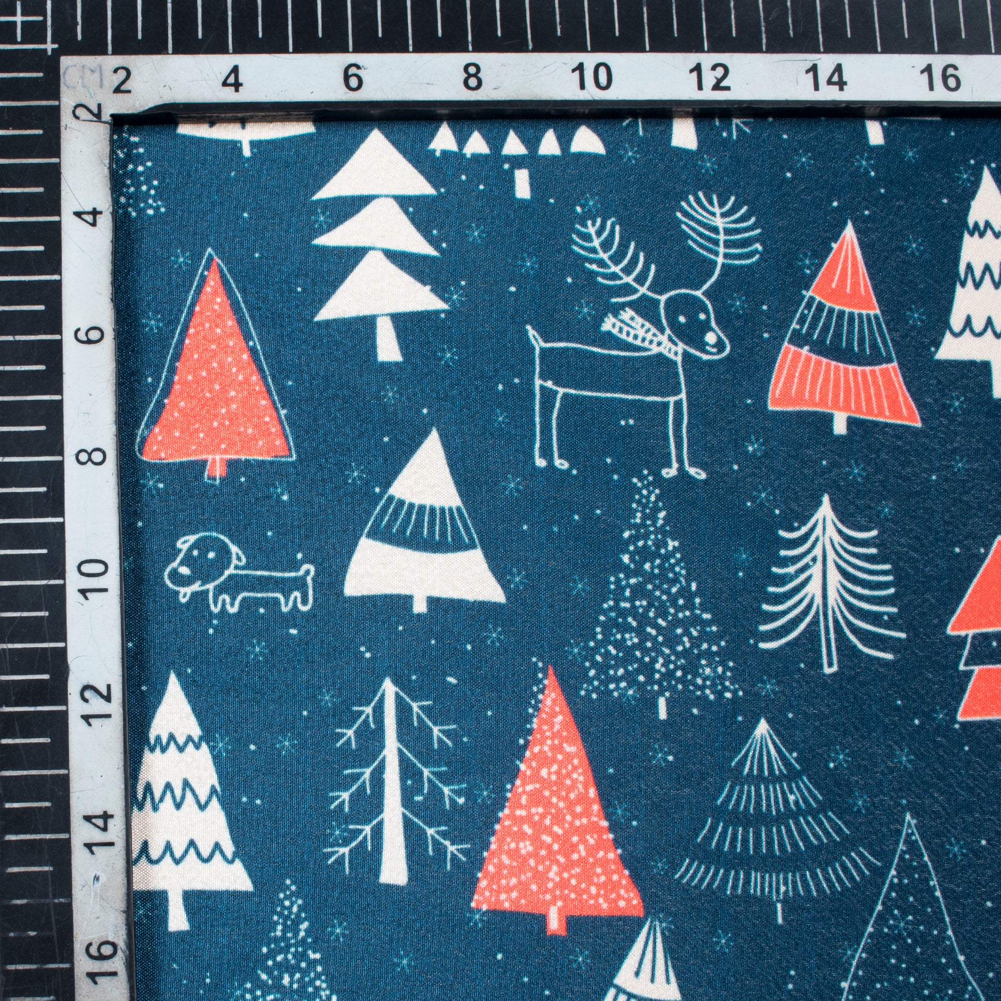 Prussian Blue And Off White Christmas Pattern Digital Print Crepe Silk Fabric - Fabcurate