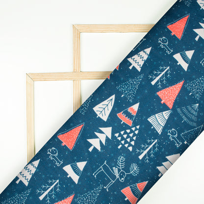 Prussian Blue And Off White Christmas Pattern Digital Print Crepe Silk Fabric - Fabcurate