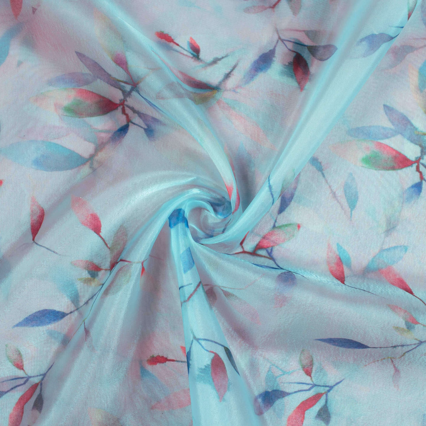 Celeste Blue And Maroon Floral Pattern Digital Print Premium Liquid Organza Fabric - Fabcurate