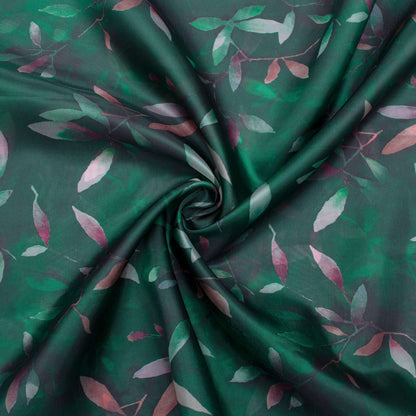 Dark Green And Peach Floral Pattern Digital Print Premium Liquid Organza Fabric - Fabcurate