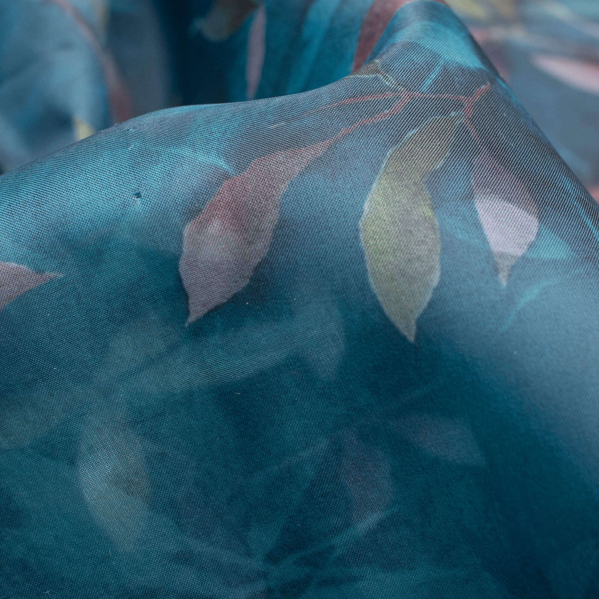 Teal Blue And Peach Floral Pattern Digital Print Premium Liquid Organza Fabric - Fabcurate