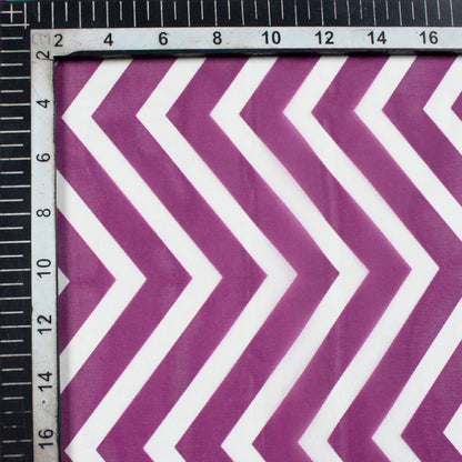 Grape Purple And White Chevron Pattern Digital Print Premium Liquid Organza Fabric - Fabcurate