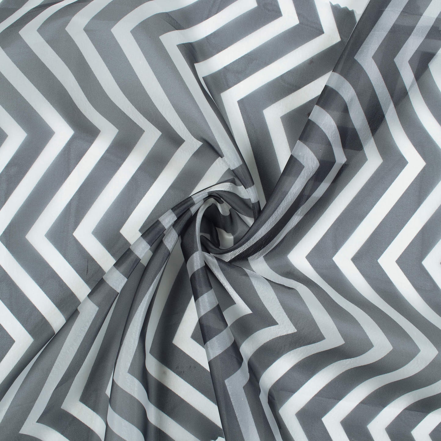 Dark Grey And White Chevron Pattern Digital Print Premium Liquid Organza Fabric - Fabcurate