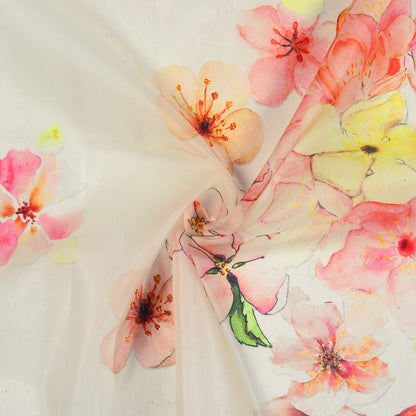 Off White And Orange Floral Pattern Digital Print Premium Liquid Organza Fabric - Fabcurate