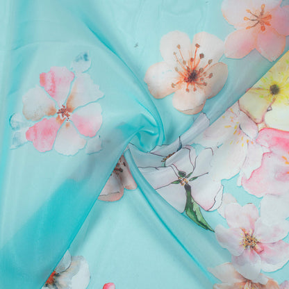 Celeste Blue And Orange Floral Pattern Digital Print Premium Liquid Organza Fabric - Fabcurate