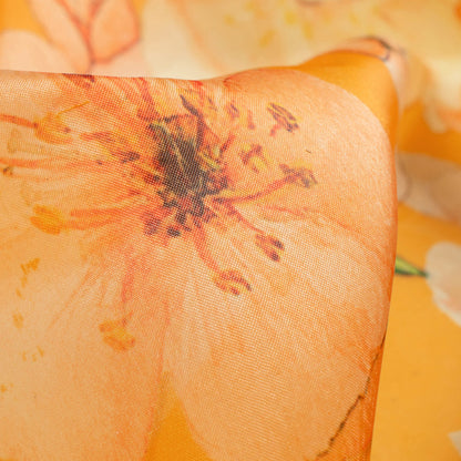 Honey Yellow And Orange Floral Pattern Digital Print Premium Liquid Organza Fabric - Fabcurate