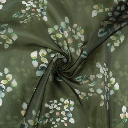 Army Green And White Floral Pattern Digital Print Premium Liquid Organza Fabric - Fabcurate