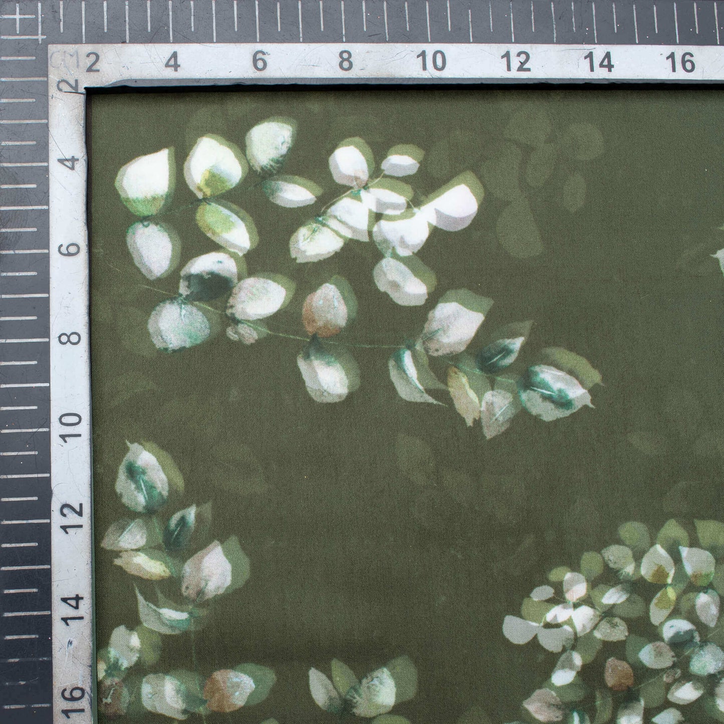 Army Green And White Floral Pattern Digital Print Premium Liquid Organza Fabric - Fabcurate