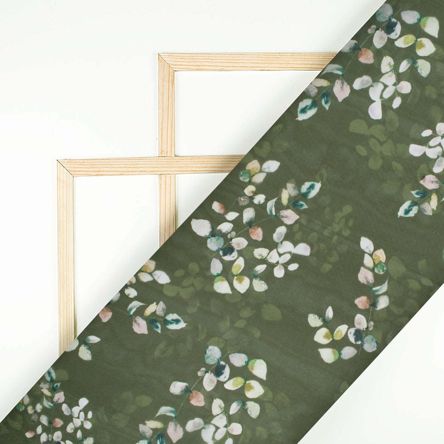Army Green And White Floral Pattern Digital Print Premium Liquid Organza Fabric - Fabcurate
