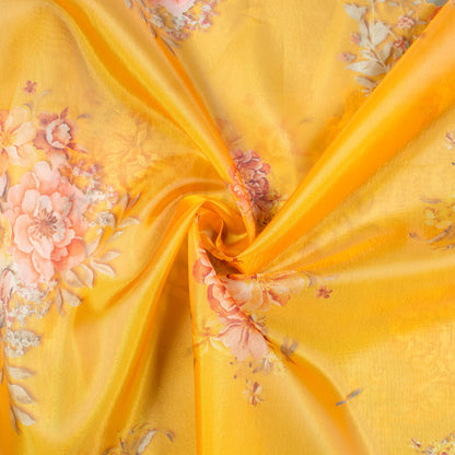 Dijjon Yellow And Pink Floral Pattern Digital Print Premium Liquid Organza Fabric - Fabcurate
