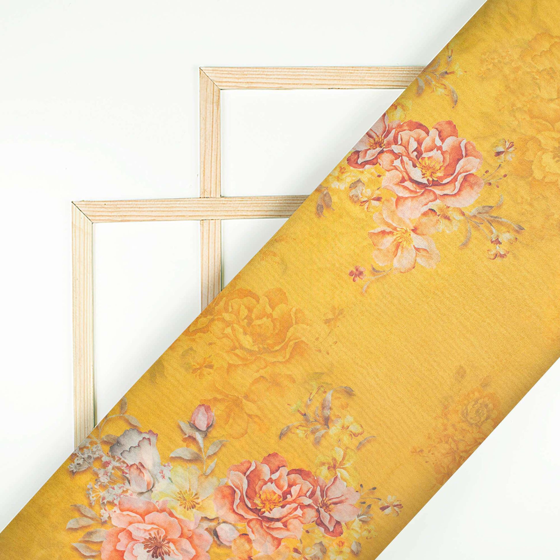 Dijjon Yellow And Pink Floral Pattern Digital Print Premium Liquid Organza Fabric - Fabcurate