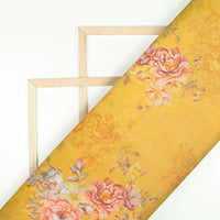 Dijjon Yellow And Pink Floral Pattern Digital Print Premium Liquid Organza Fabric - Fabcurate