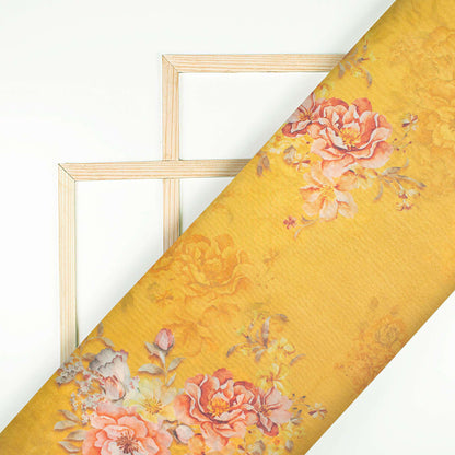Dijjon Yellow And Pink Floral Pattern Digital Print Premium Liquid Organza Fabric - Fabcurate