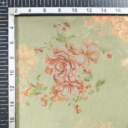 Pistachio Green And Pink Floral Pattern Digital Print Premium Liquid Organza Fabric - Fabcurate