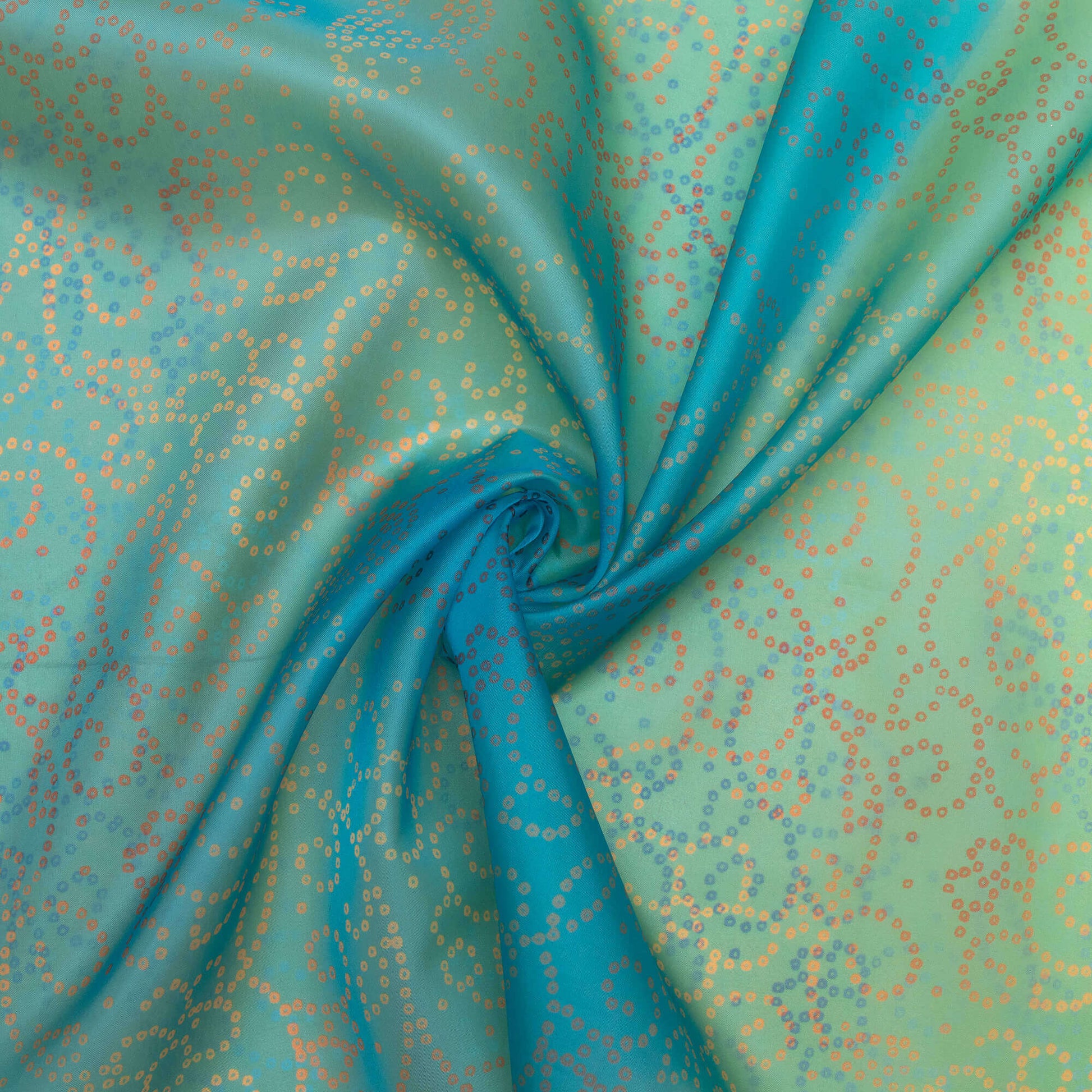 Turquoise And Brown Bandhani Pattern Digital Print Premium Liquid Organza Fabric - Fabcurate