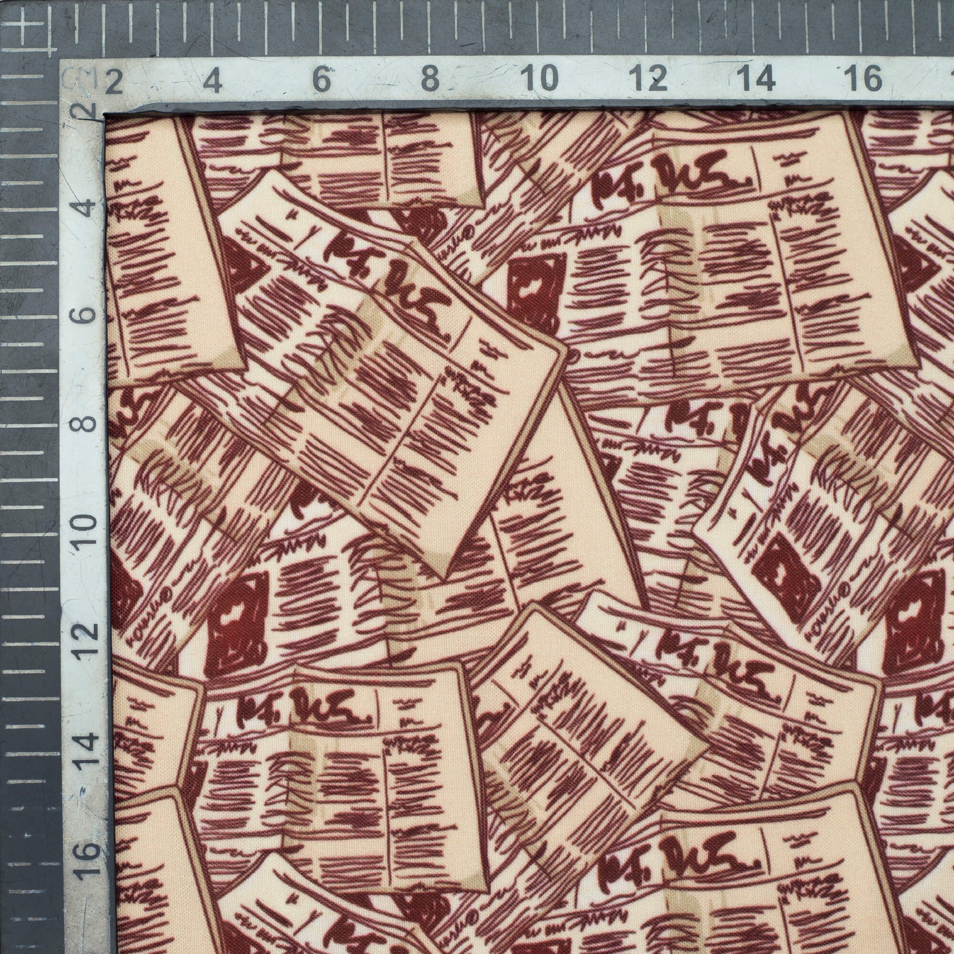 Maroon And Beige NewsPaper Pattern Digital Print Rayon Fabric - Fabcurate
