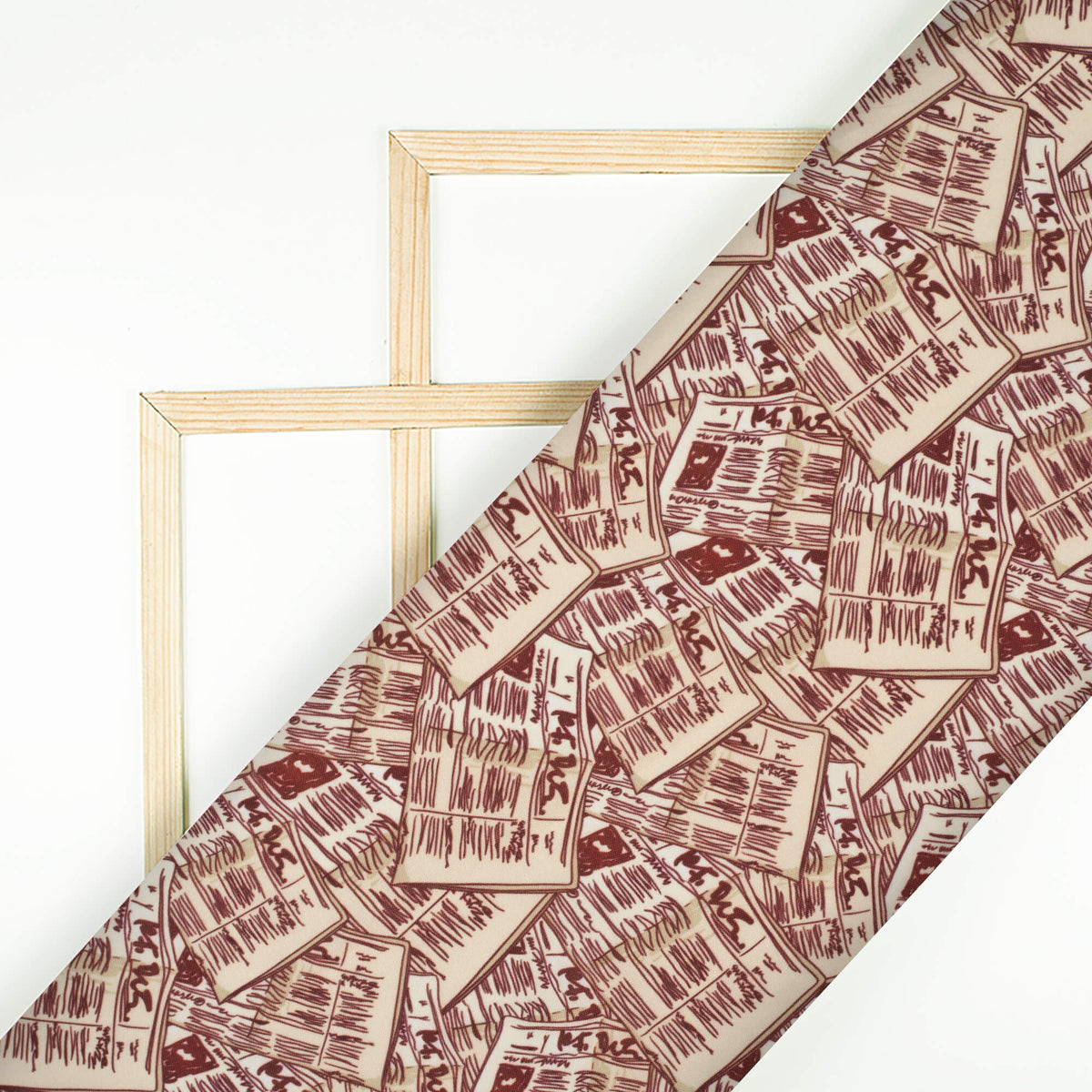 Maroon And Beige NewsPaper Pattern Digital Print Rayon Fabric - Fabcurate