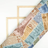 Brown And Light Sky Blue Newspaper Pattern Digital Print Rayon Fabric - Fabcurate