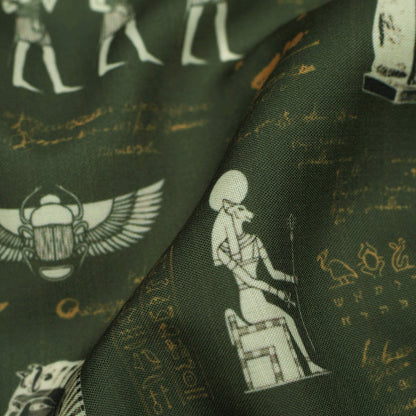Russian Green And Cream Newspaper Pattern Digital Print Rayon Fabric