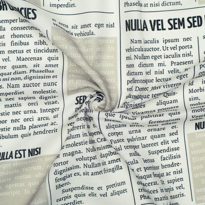 Oyster Cream And Black Newspaper Pattern Digital Print Rayon Fabric - Fabcurate