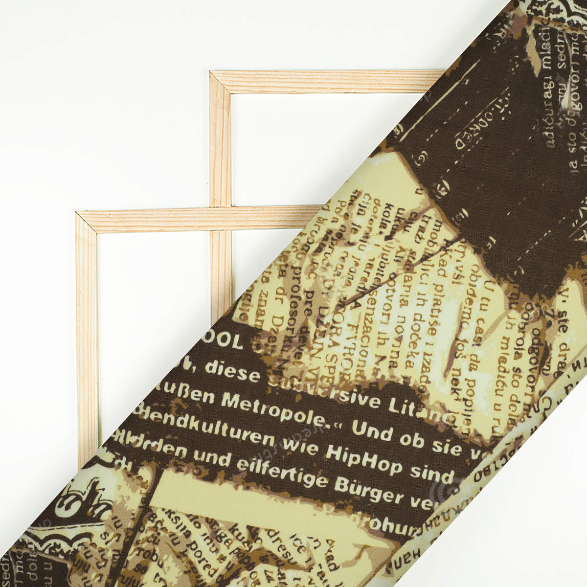 Brown And Cream Newspaper Pattern Digital Print Rayon Fabric - Fabcurate