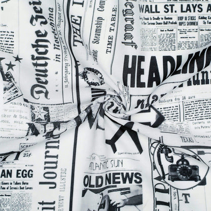 White And Black Newspaper Pattern Digital Print Rayon Fabric