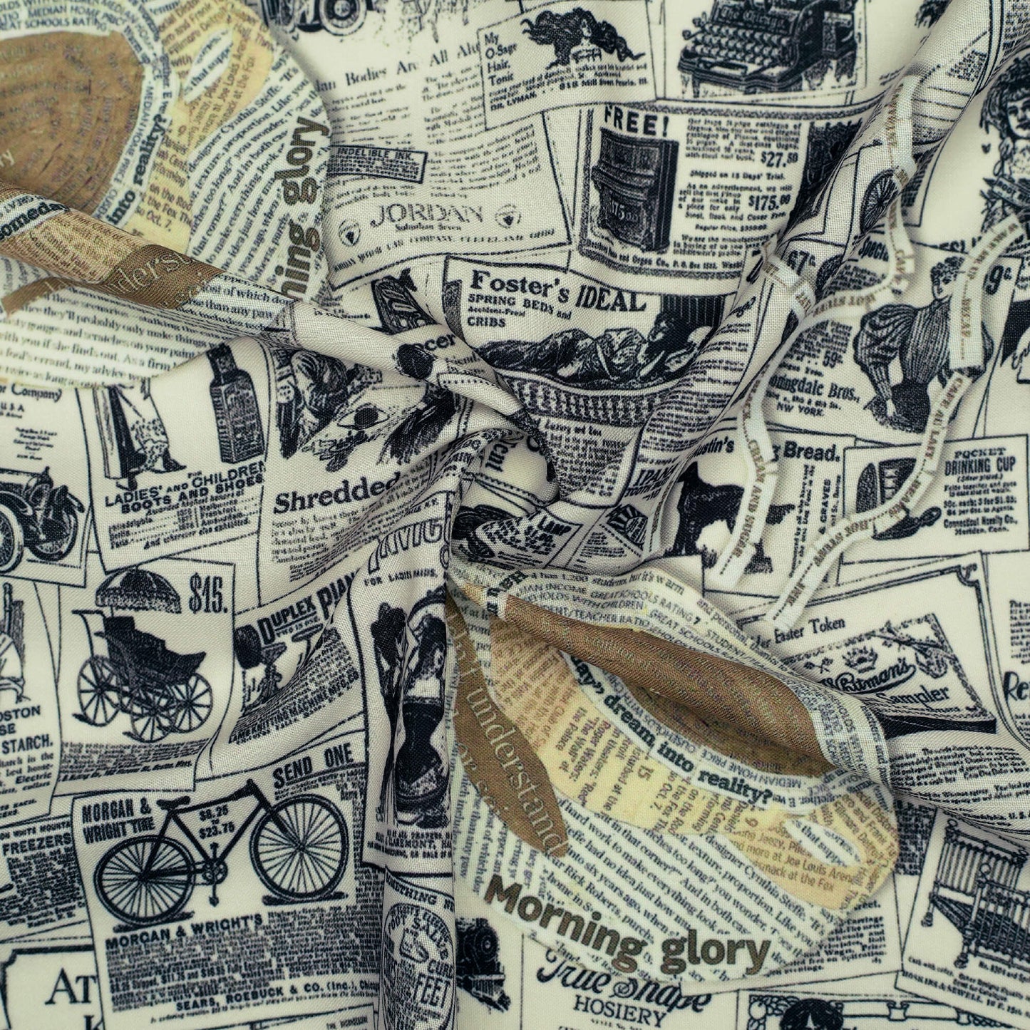 Ivory Cream And Brown Newspaper Pattern Digital Print Rayon Fabric - Fabcurate
