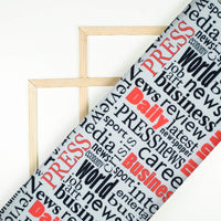 White And Red Newspaper Pattern Digital Print Rayon Fabric - Fabcurate