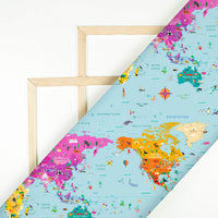 Baby Blue And Yellow Map Pattern Digital Print Ultra Premium Butter Crepe Fabric - Fabcurate
