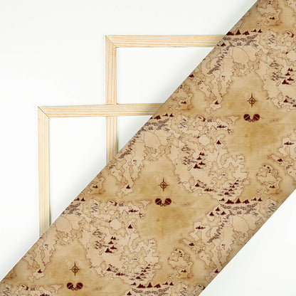 Beige And Brown Map Pattern Digital Print Ultra Premium Butter Crepe Fabric