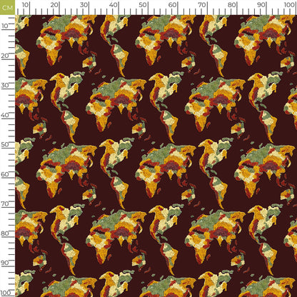 Cocoa Brown And Musterd Yellow Map Pattern Digital Print Ultra Premium Butter Crepe Fabric - Fabcurate