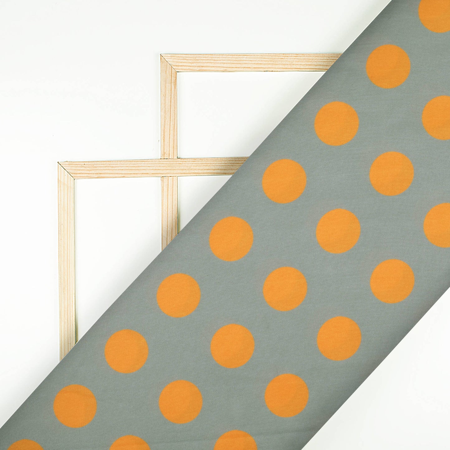 Grey And Orange Polka Dots Pattern Digital Print Ultra Premium Butter Crepe Fabric - Fabcurate