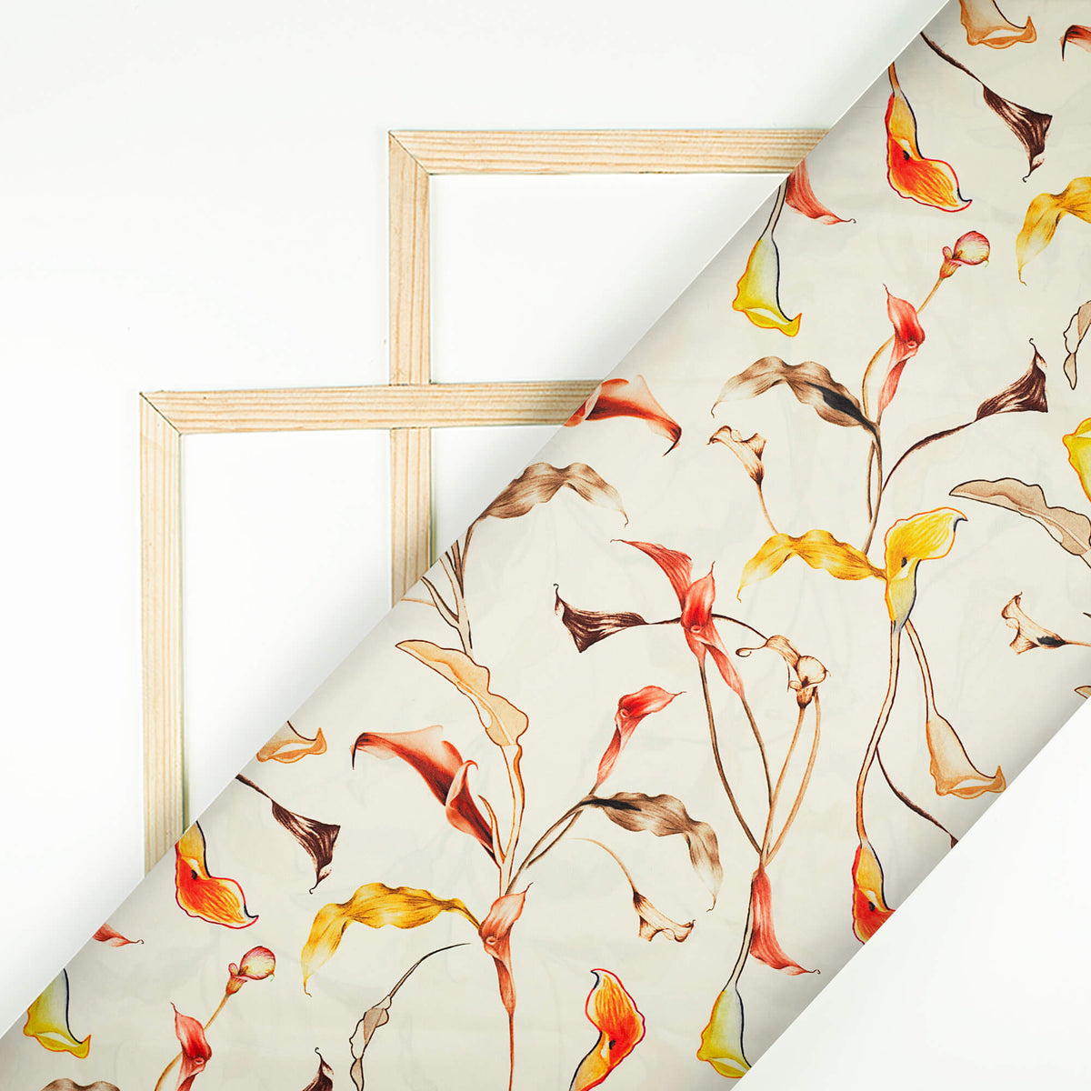 Oyster Cream And Orange Leaf Pattern Digital Print Ultra Premium Butter Crepe Fabric