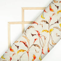 Oyster Cream And Orange Leaf Pattern Digital Print Ultra Premium Butter Crepe Fabric