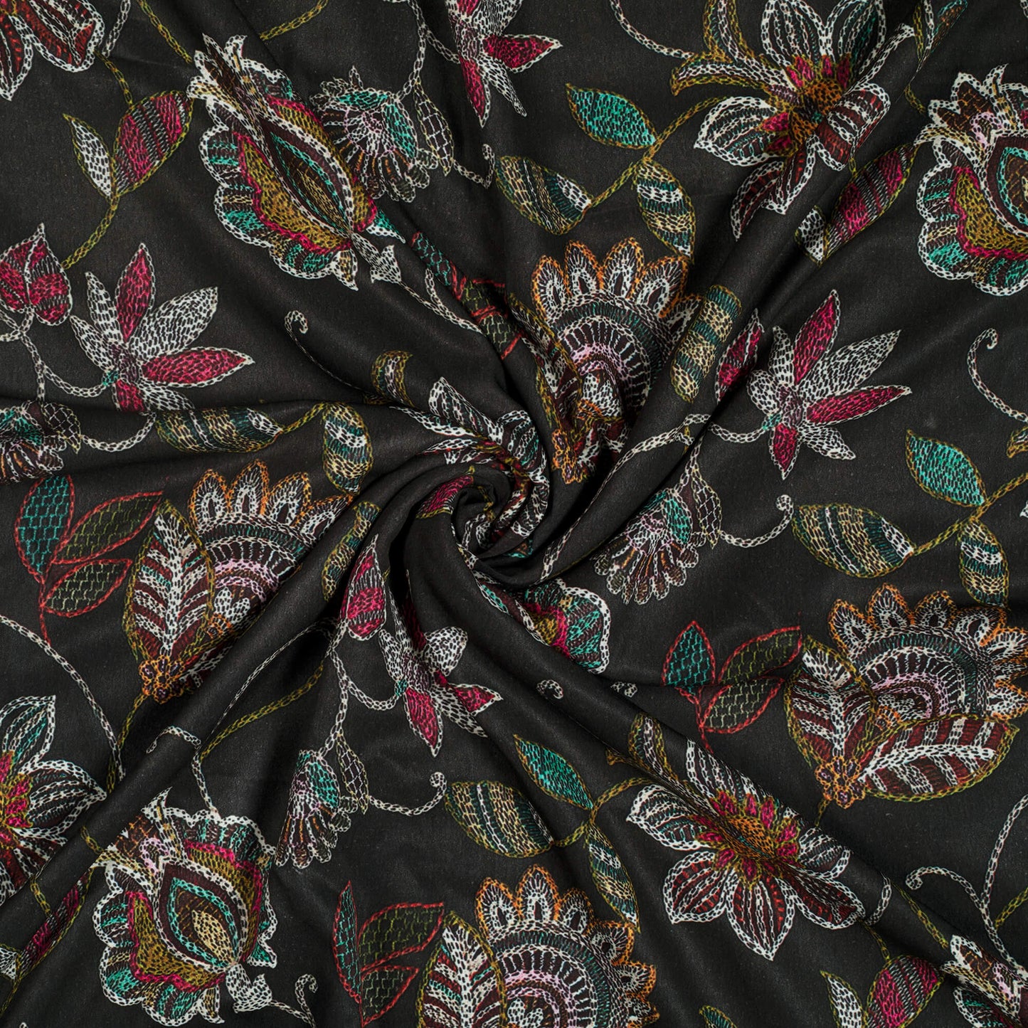 Black And White Floral Pattern Digital Print Ultra Premium Butter Crepe Fabric - Fabcurate