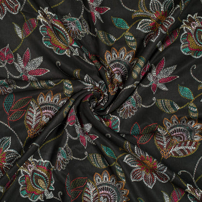 Black And White Floral Pattern Digital Print Ultra Premium Butter Crepe Fabric - Fabcurate