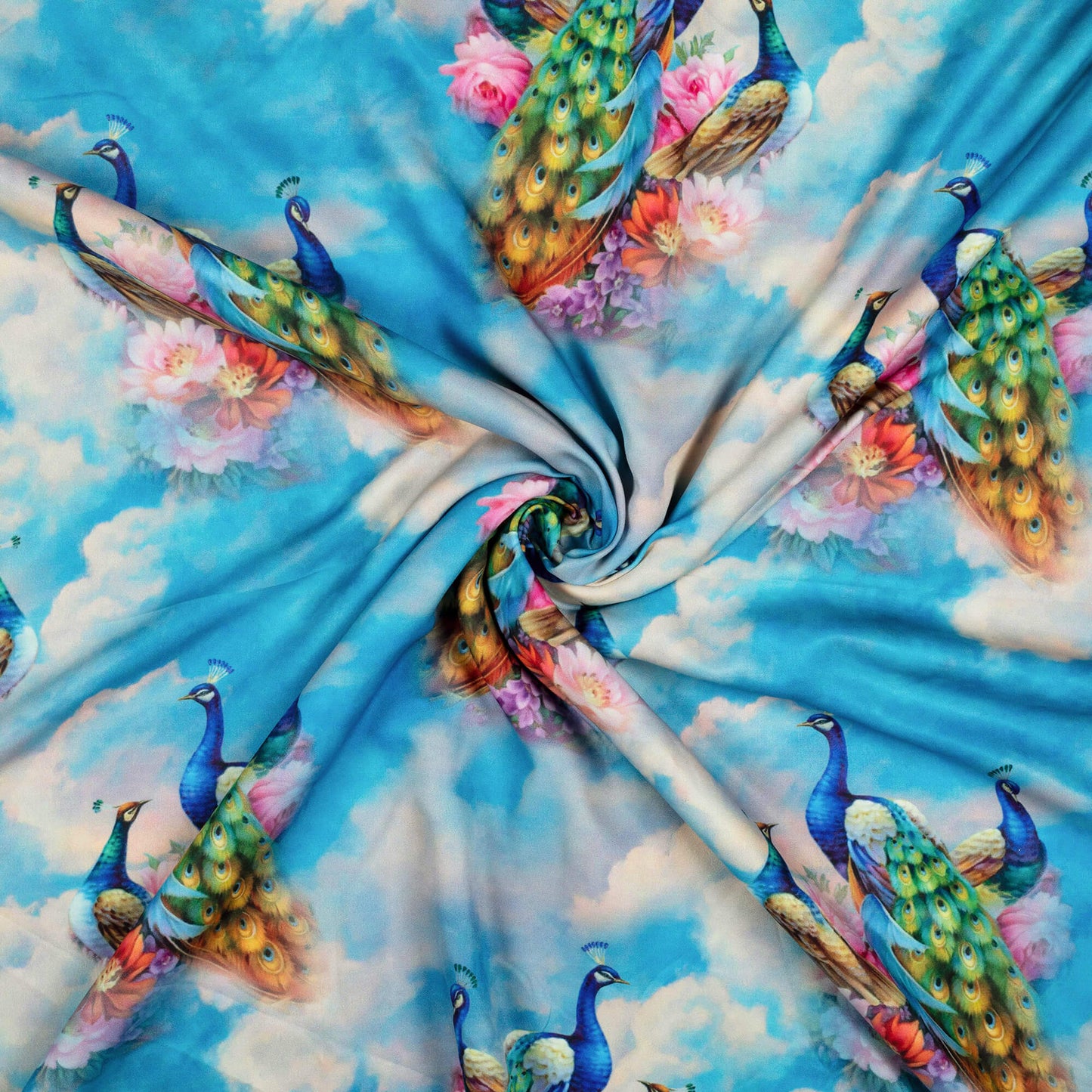 Blue And Pink Peacock Feather Pattern Digital Print Ultra Premium Butter Crepe Fabric