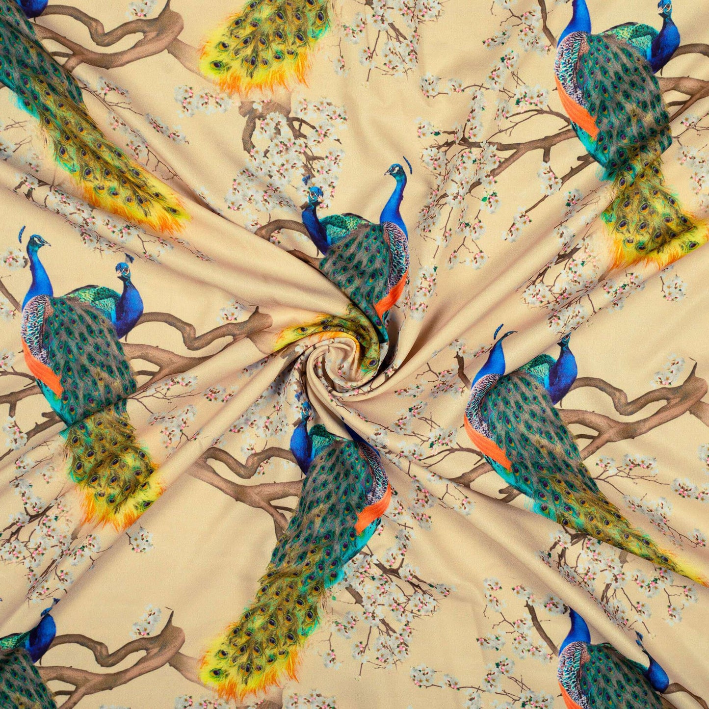 Oat Beige And Blue Peacock Feather Pattern Digital Print Ultra Premium Butter Crepe Fabric - Fabcurate