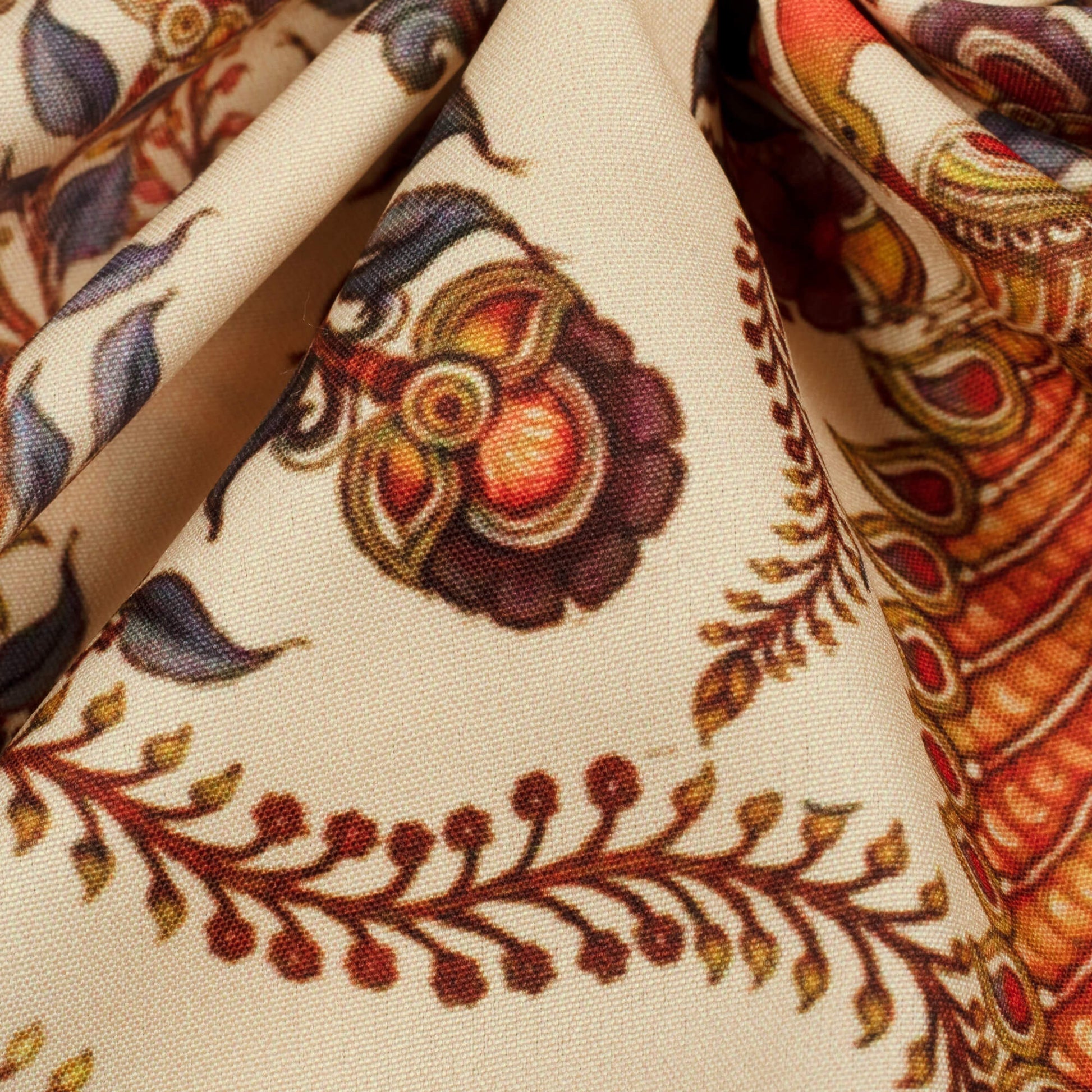 Ivory Cream And Orange Peacock Feather Pattern Digital Print Ultra Premium Butter Crepe Fabric - Fabcurate