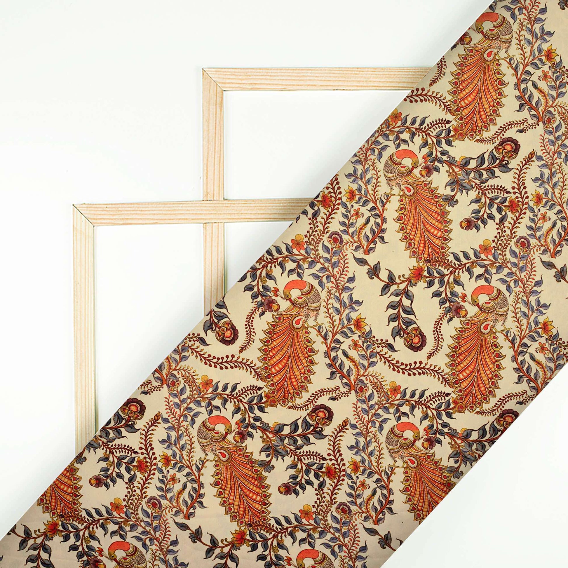 Ivory Cream And Orange Peacock Feather Pattern Digital Print Ultra Premium Butter Crepe Fabric - Fabcurate