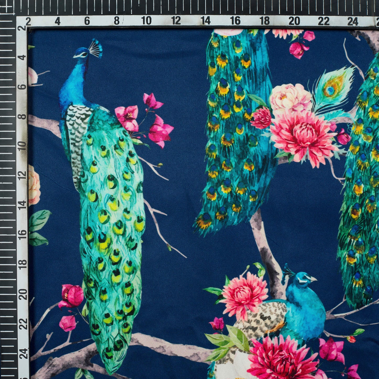 Prussian Blue And Pink Peacock Feather Pattern Digital Print Ultra Premium Butter Crepe Fabric