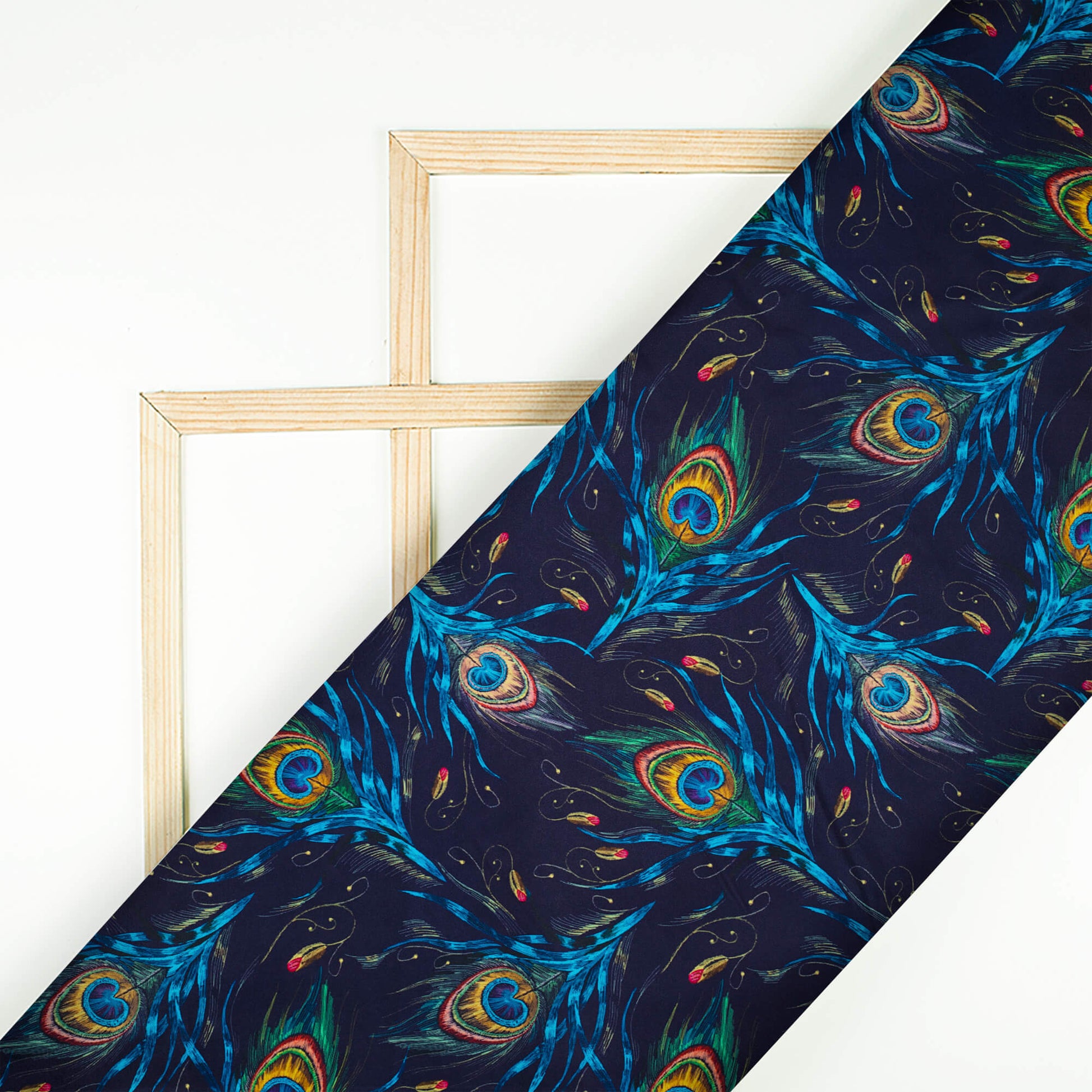 Navy Blue And Yellow Peacock Feather Pattern Digital Print Ultra Premium Butter Crepe Fabric - Fabcurate