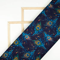 Navy Blue And Yellow Peacock Feather Pattern Digital Print Ultra Premium Butter Crepe Fabric - Fabcurate