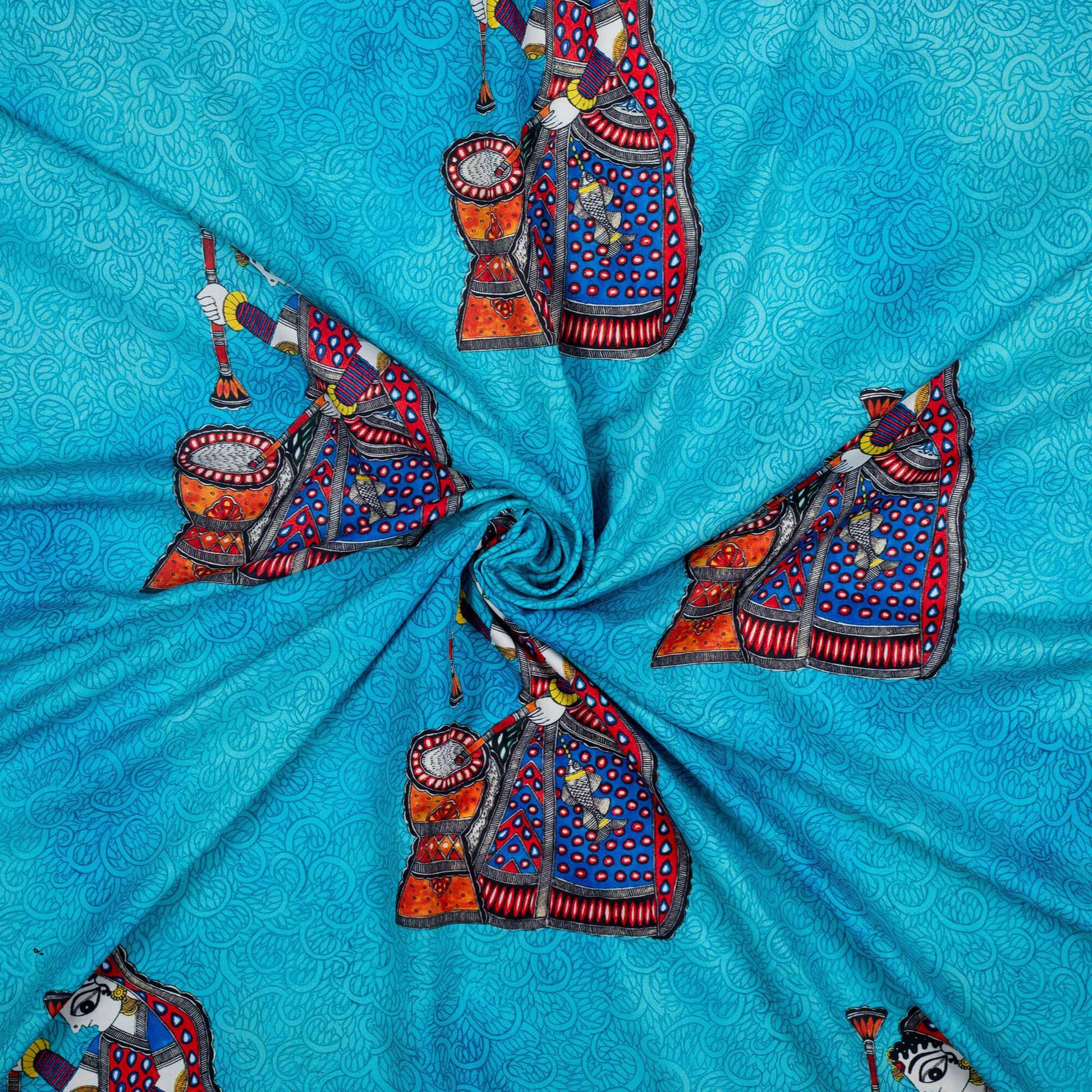 Maya Blue And Red Madhubani Pattern Digital Print Ultra Premium Butter Crepe Fabric - Fabcurate