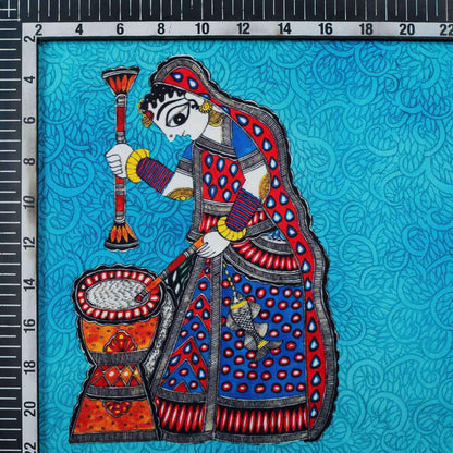 Maya Blue And Red Madhubani Pattern Digital Print Ultra Premium Butter Crepe Fabric - Fabcurate