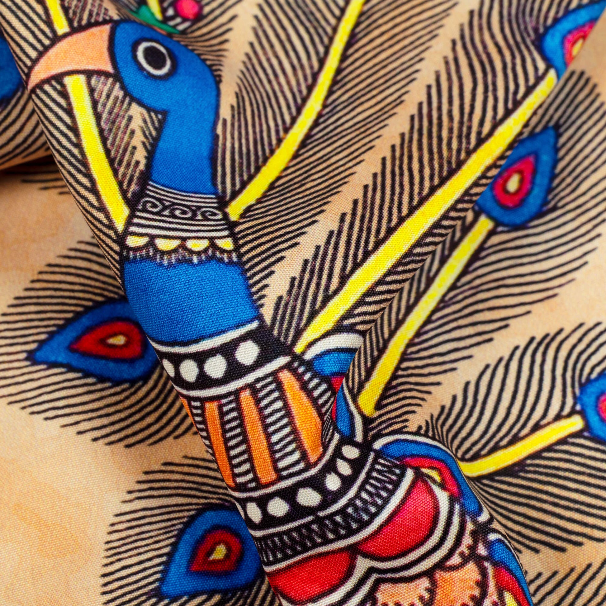 Oat Beige And Royal Blue Madhubani Pattern Digital Print Ultra Premium Butter Crepe Fabric - Fabcurate